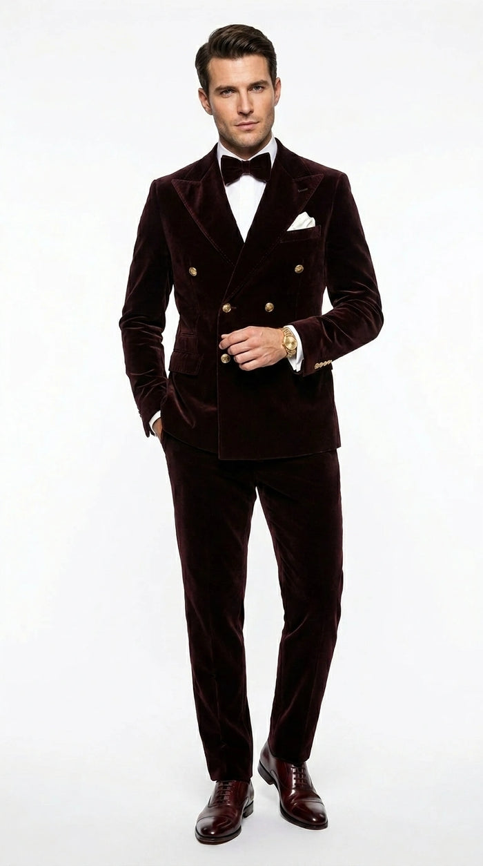 Men’s Dark Brown Velvet Blazer and Pants 2 Piece Suit, Double Breasted Formal Dinner Suit for Weddings, Prom