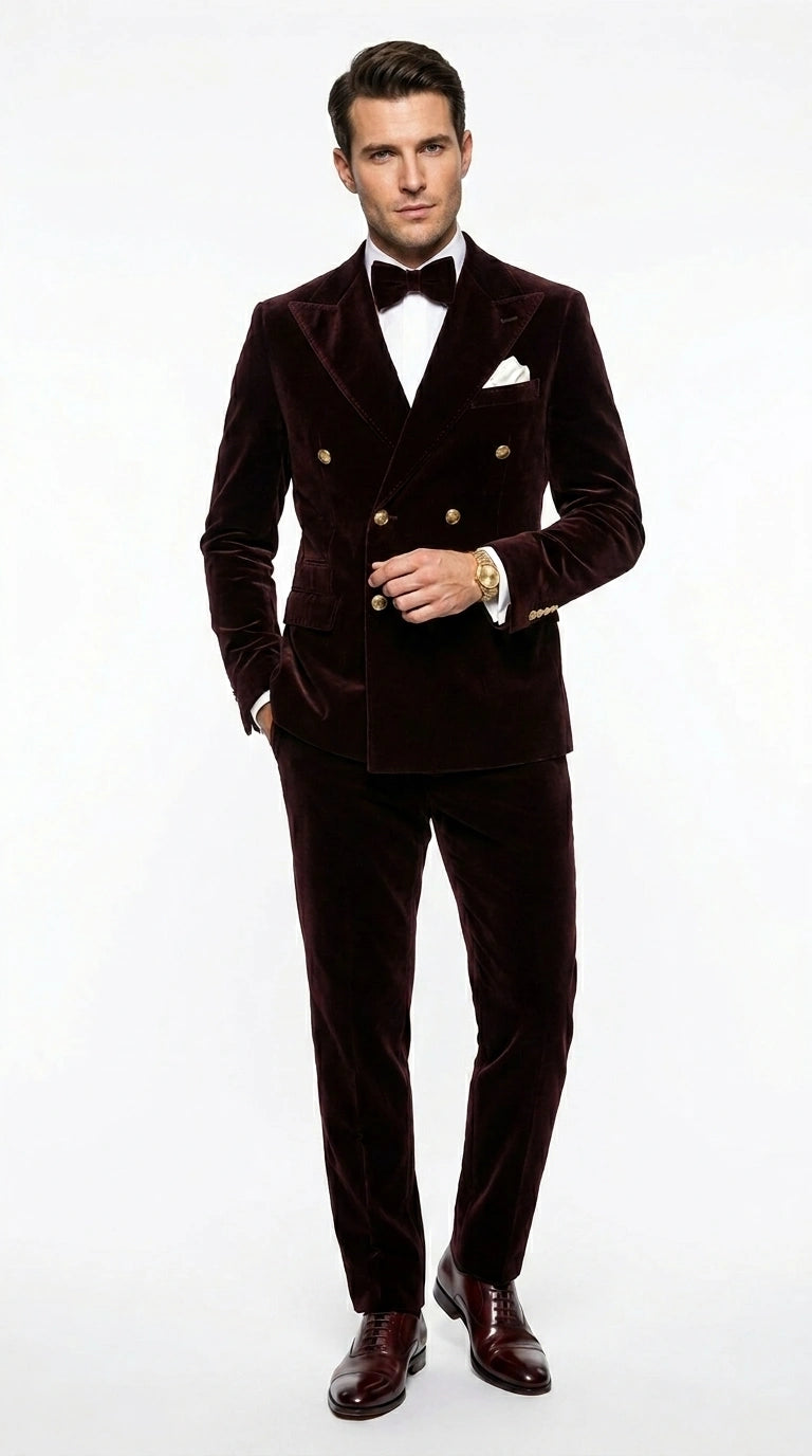 Men’s Dark Brown Velvet Blazer and Pants 2 Piece Suit, Double Breasted Formal Dinner Suit for Weddings, Prom - 34 Short or Extra Small