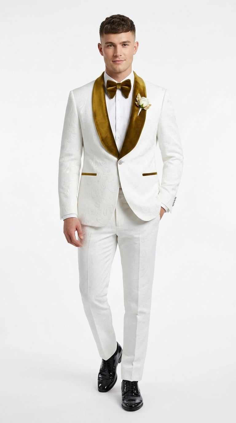 Men’s White Paisley 3 Piece With Vest Prom Tuxedo with Gold Velvet Shawl Lapel, Formal Wedding Suit Set - 34 Short or Extra Small
