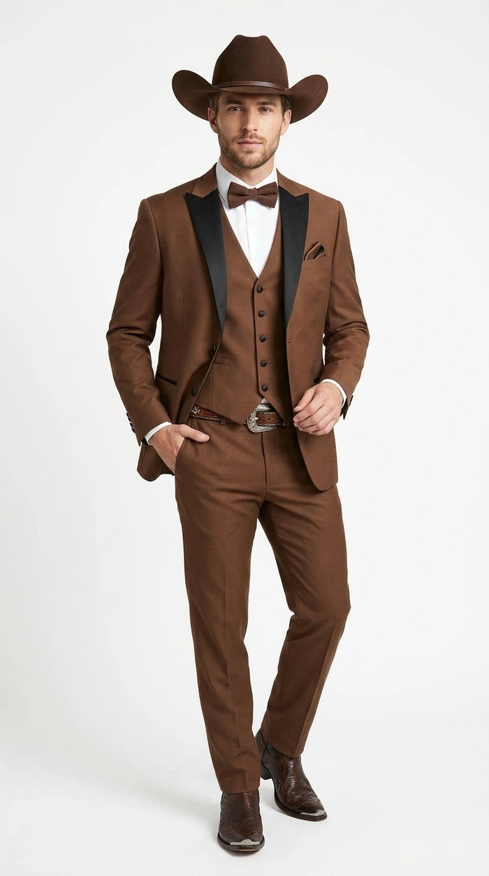 Men’s Light Brown Western Tuxedo 3 Piece Suit with Black Peak Collar Lapel, Country Look Cowboy Suit