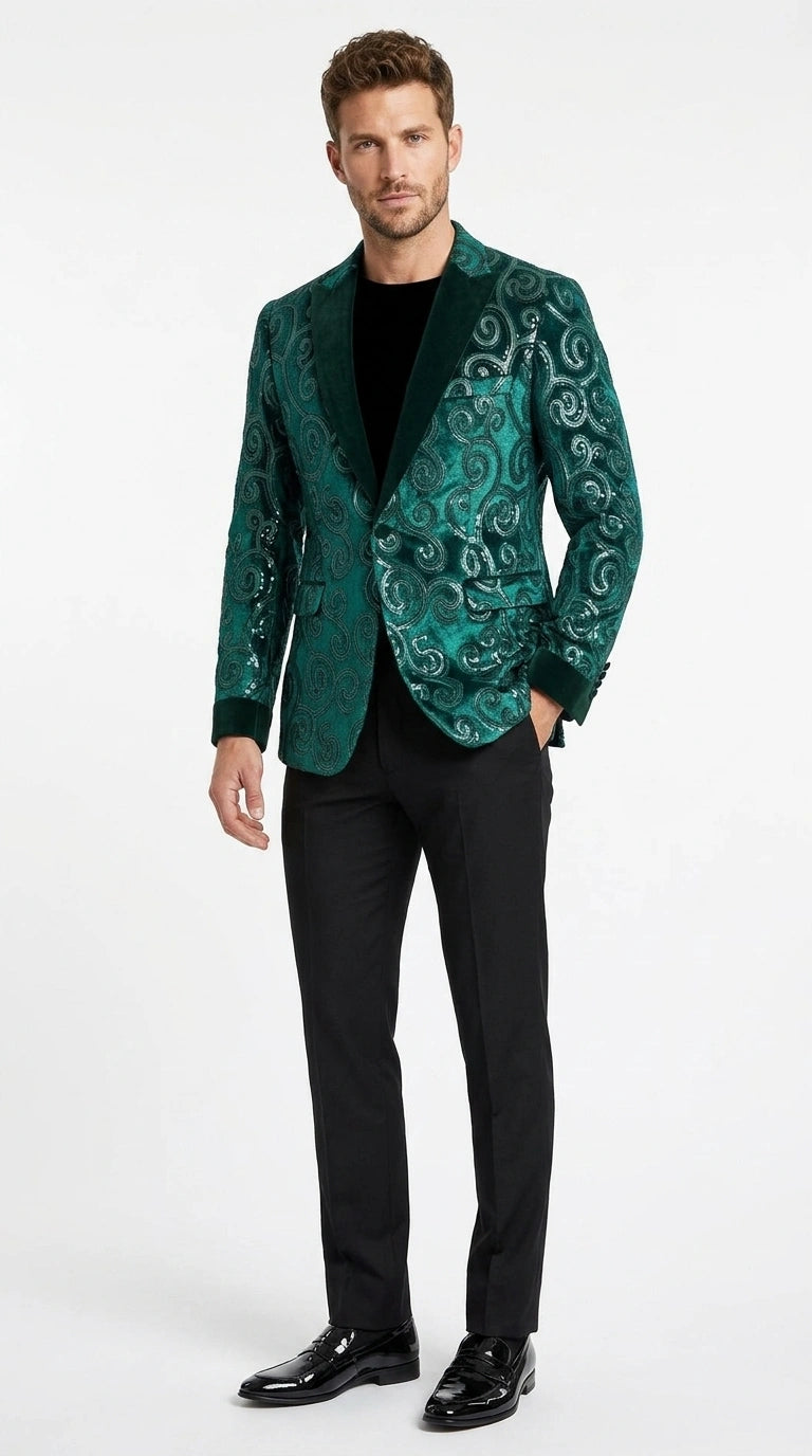 Men’s Emerald Green Paisley Tuxedo Dinner Jacket with Black Lapel, Formal Prom Wedding Party Blazer - 34 Short or Extra Small