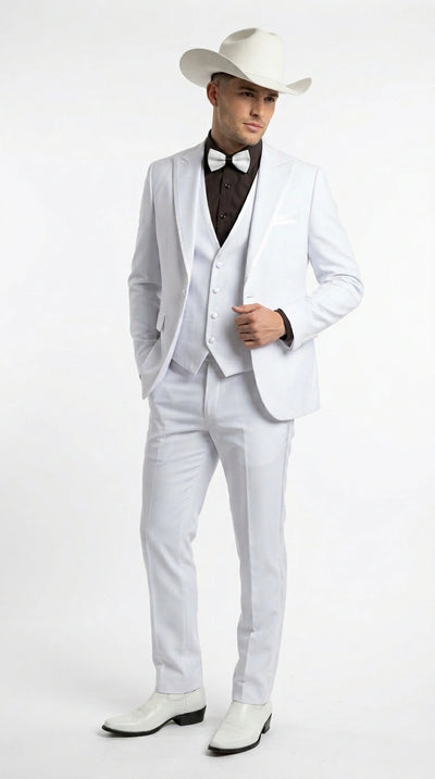 Men’s White Western Cowboy 3 Piece Tuxedo Suit, Formal Wedding Prom Groom Suit Set