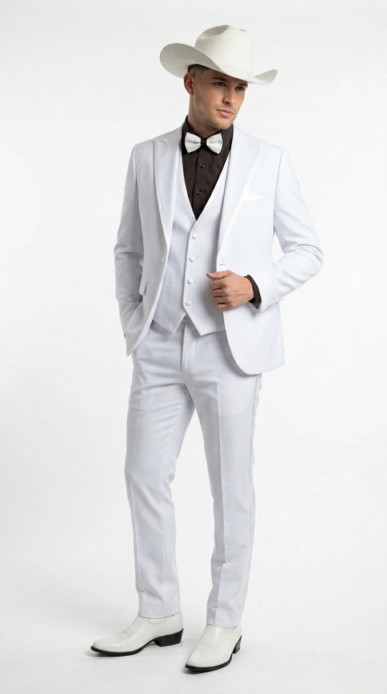 Men’s White Western Cowboy 3 Piece Tuxedo Suit, Formal Wedding Prom Groom Suit Set - 34 Short or Extra Small
