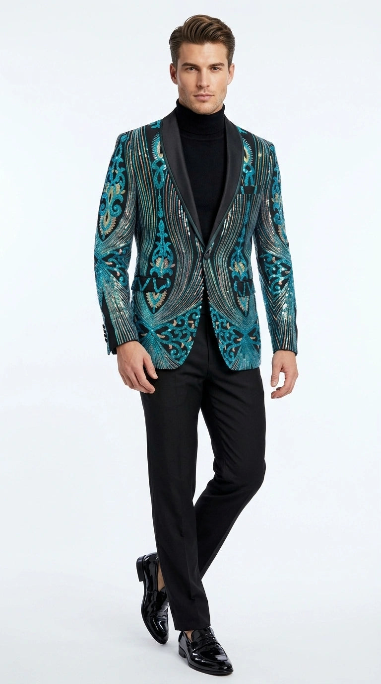 Men’s Black and Turquoise Blue With teal green Sequin Dinner Jacket, Formal Prom Wedding Paisley Floral Mardi Gra Pattern - 36 Short