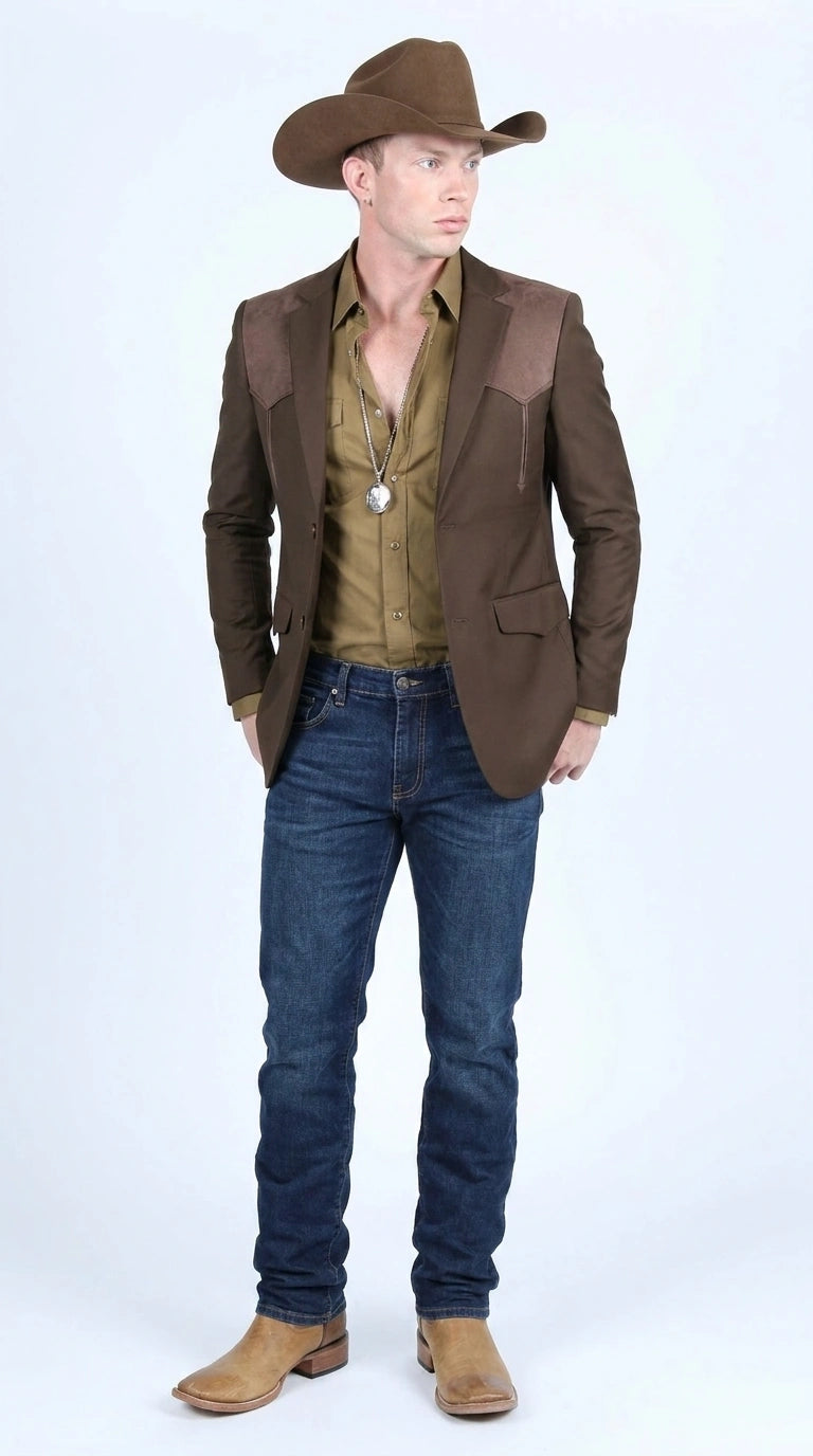 Men’s Dark Brown Western Blazer with Suede Yokes, Cowboy Sport Coat for Ranch Wedding and Country Events - 36 Short