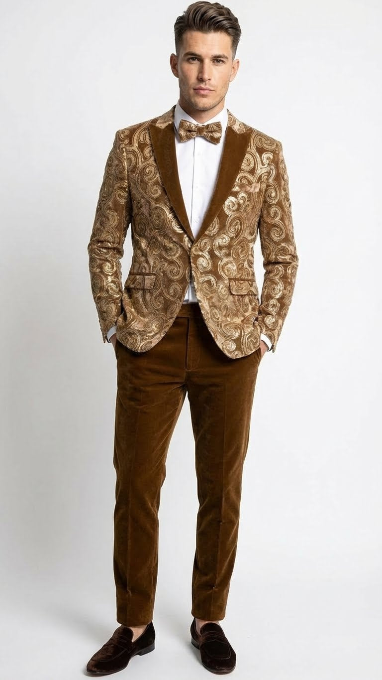 Men’s Goldish Light brown Tuxedo dinner Jacket Embroidered Blazer – Velvet Jacket for Formal Paisley Pattern Coffee Mocca Color - 36 Short