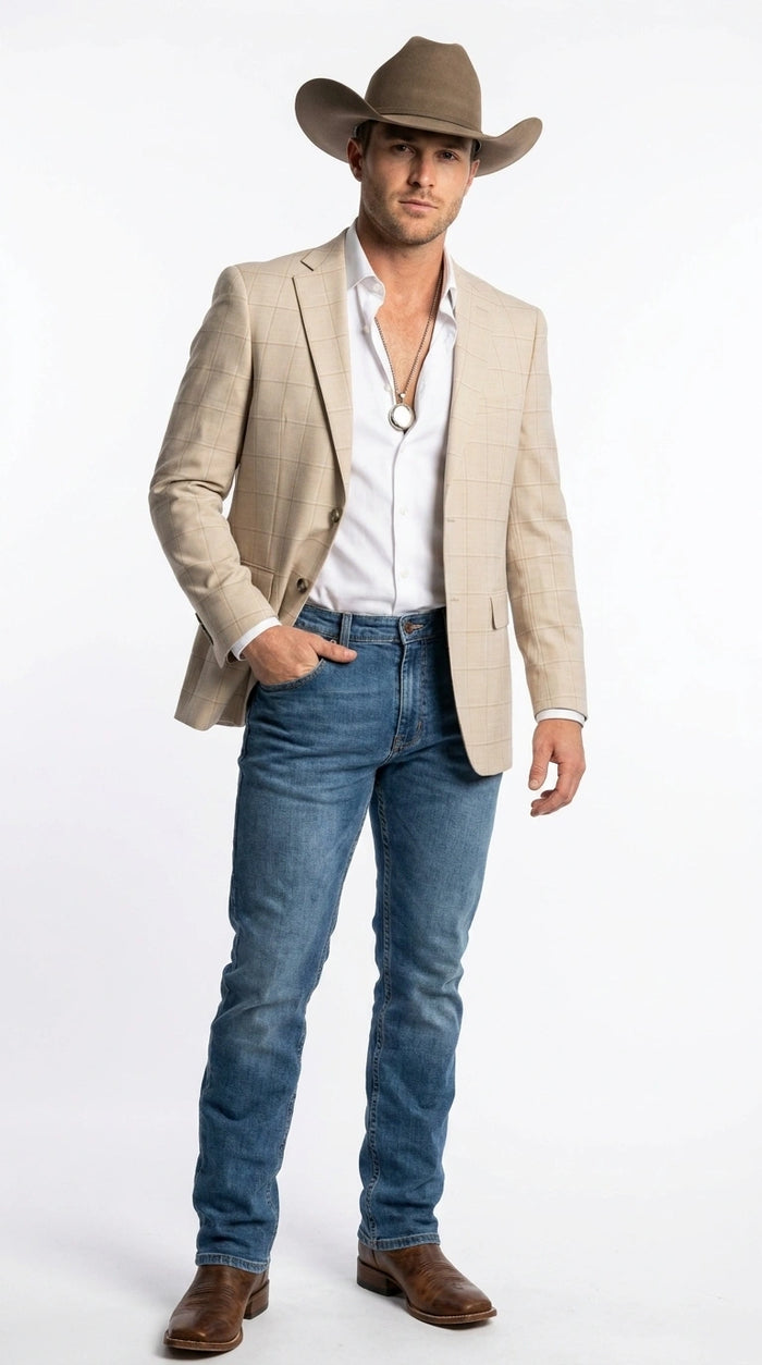 Men’s Cream Tan Beige Windowpane Plaid Western Blazer, Formal Cowboy Wedding Prom Sport Coat Jacket