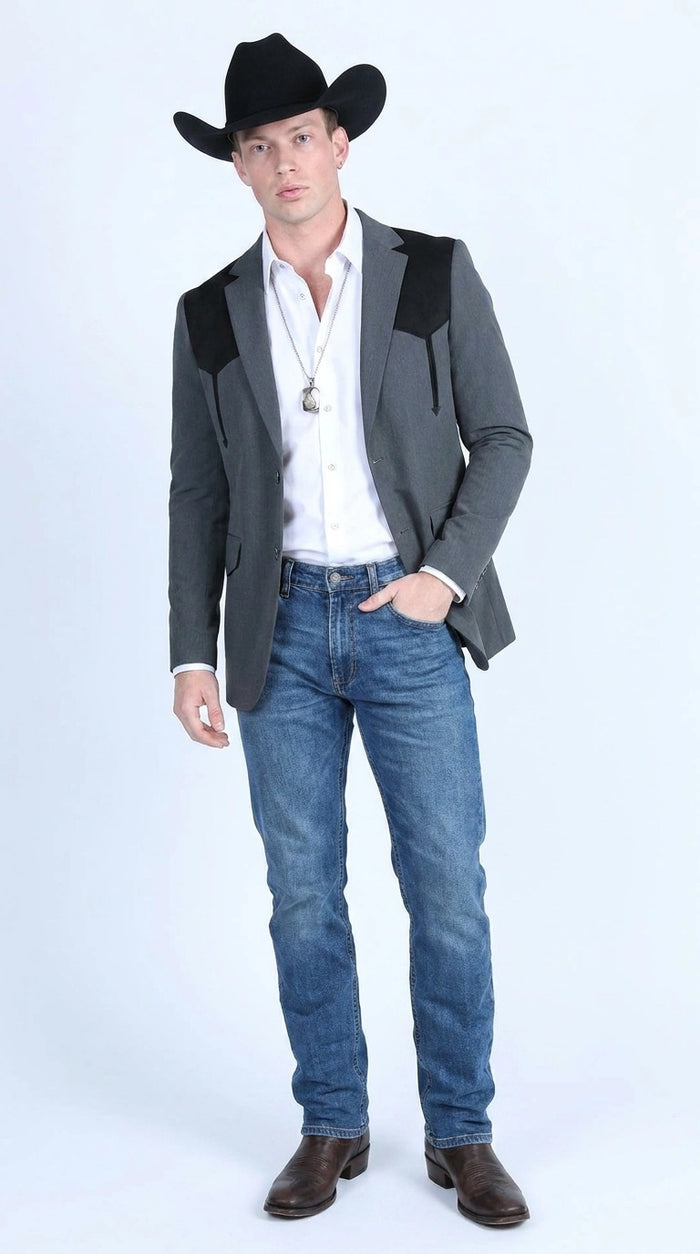 Men’s Dark Charcoal Western Blazer with Black Suede Yokes, Cowboy Sport Coat for Ranch Wedding and Country Events By Platini