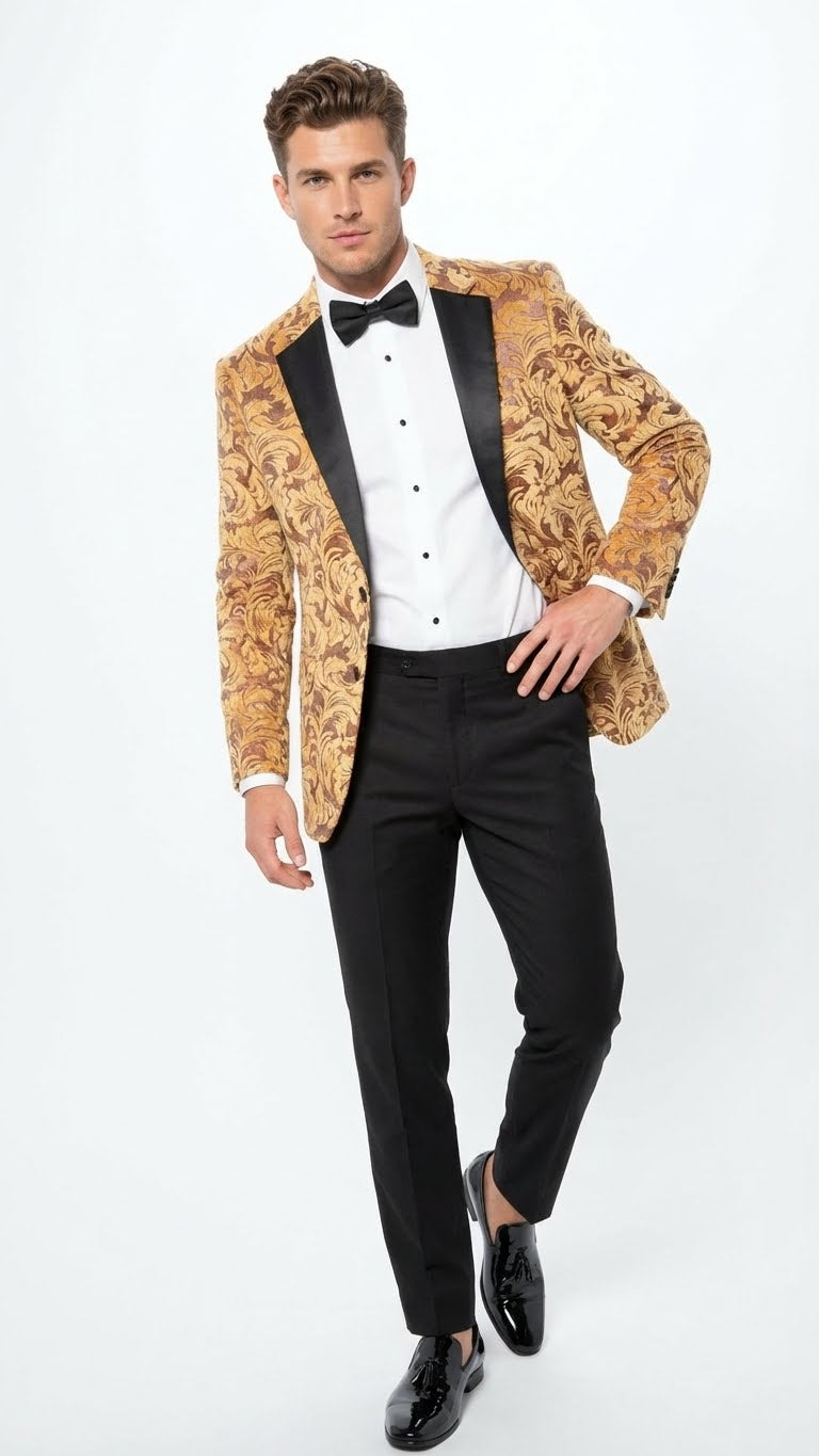 Menâ€™s Yellow Gold Baroque Pattern Tuxedo Blazer Suit â€“ Party and Wedding Jacket Prom Paisley Black Pants - 36 Short