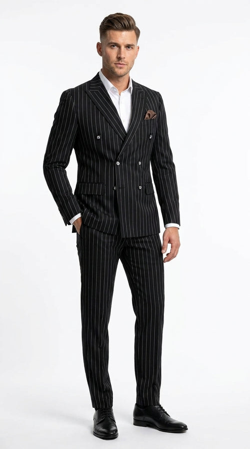 Men's Black Pinstripe Tuxedo Suit – Classic  & 1920s Gangster Formal Wear Vintage 1940s 1930s Look
