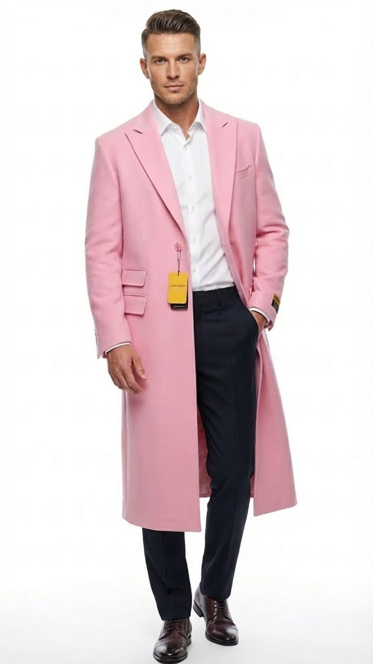 Men’s Pink Wool Blend Long Overcoat – Slim Fit Tailored Winter Coat - Carcoat - Topcoat - Coat Size 38