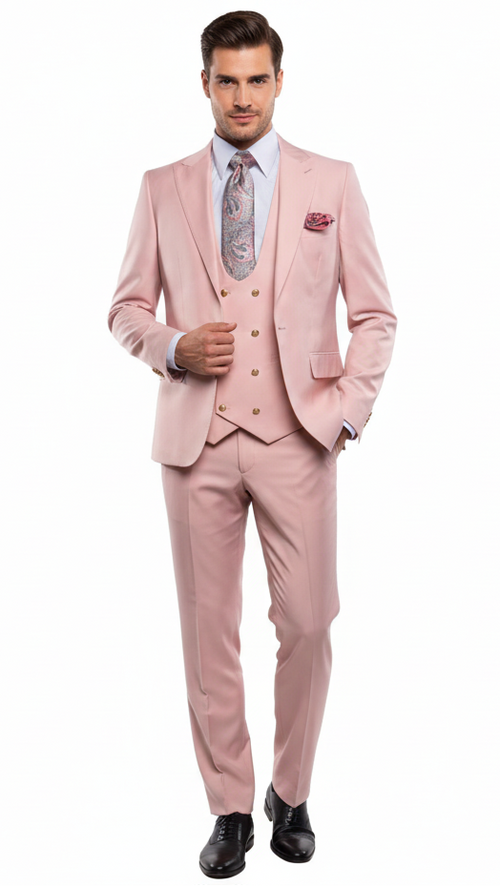 Mens Blush Pink and Gold Three-Piece Suit Tailored Fit Formal Wedding, Vested Suit By Rossiman