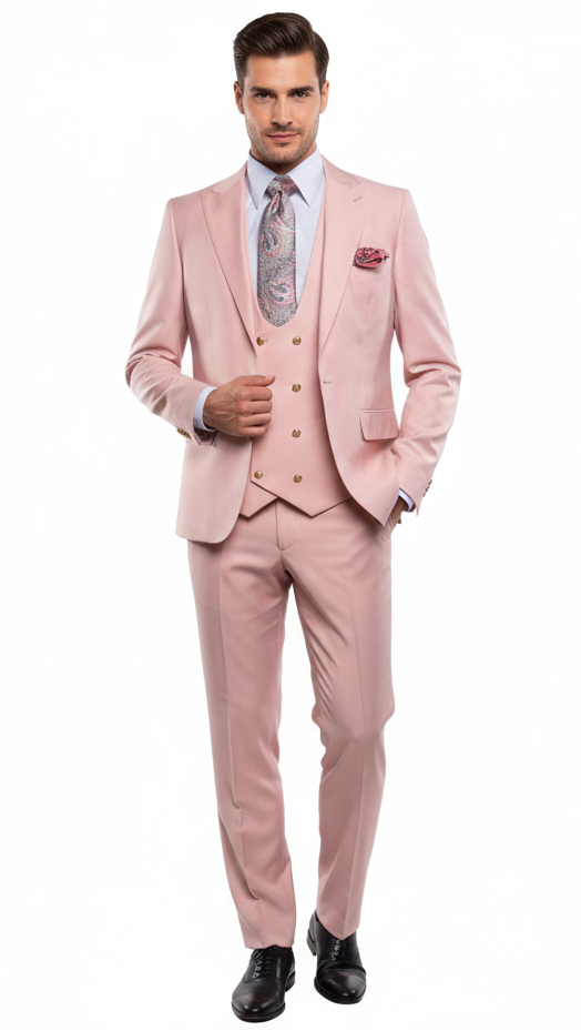 Mens Blush Pink and Gold Three-Piece Suit Tailored Fit Formal Wedding, Vested Suit By Rossiman