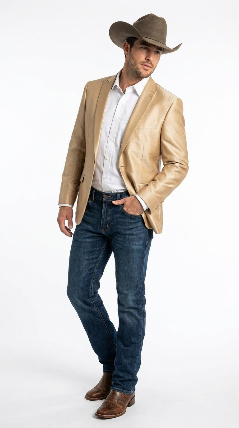 Men’s Champagne Gold Western Blazer, Formal Cowboy Wedding Ranch Sport Coat Jacket tan beige color sheen sharkskin fabric - 36 Short