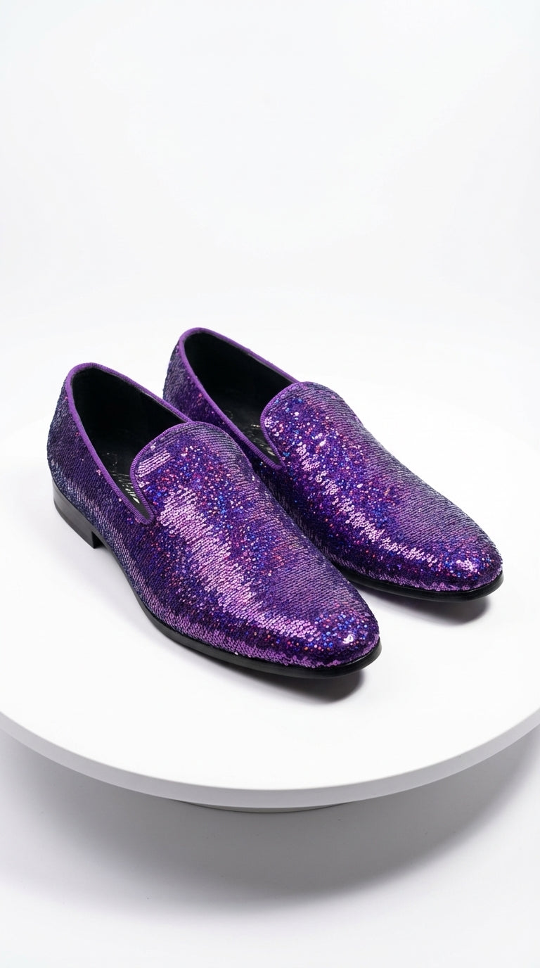 Mens Purple Sequin Dress Shoes Slip on  – Luxury Slip On Formal Loafers Wedding Prom Party Designer Footwear - 6 Standard / D / Medium