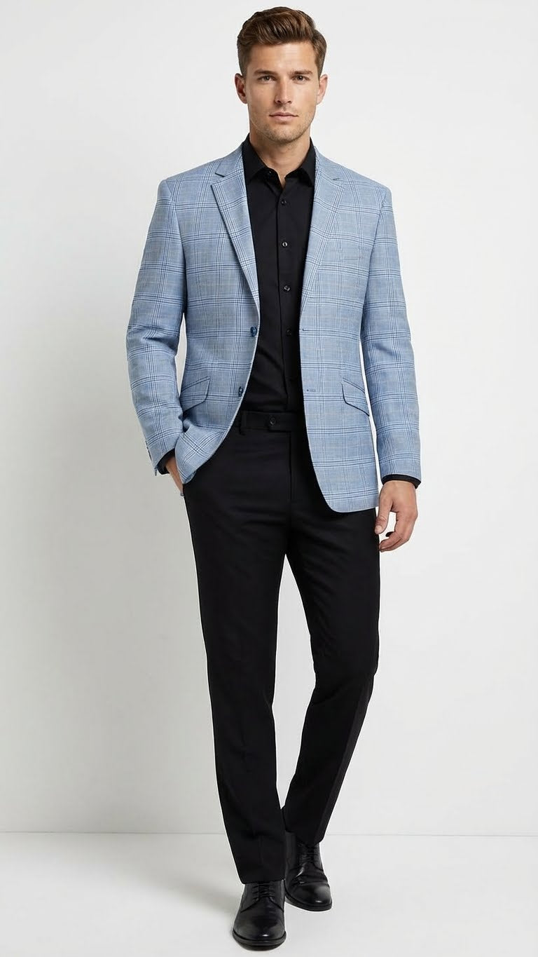 Men’s Big and Tall Light Blue Checkered Blazer and Sport Coat – Sky powder blue windowpane plaid pattern Jacket - 36 Short