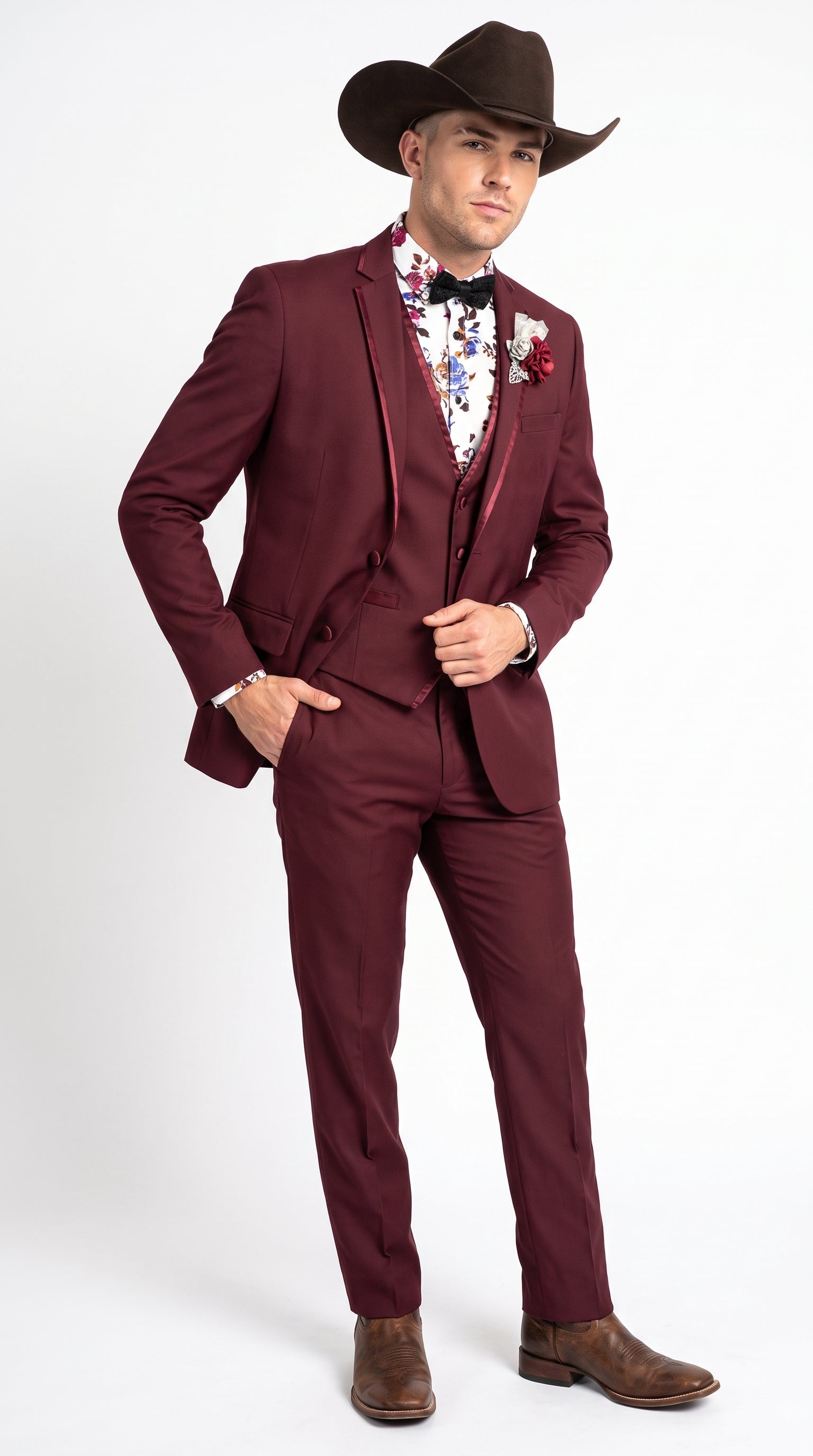 Men’s Burgundy Western Tuxedo Suit, 3 Piece Cowboy Formal Wedding Prom Suit with Satin Trim - 34 Short or Extra Small