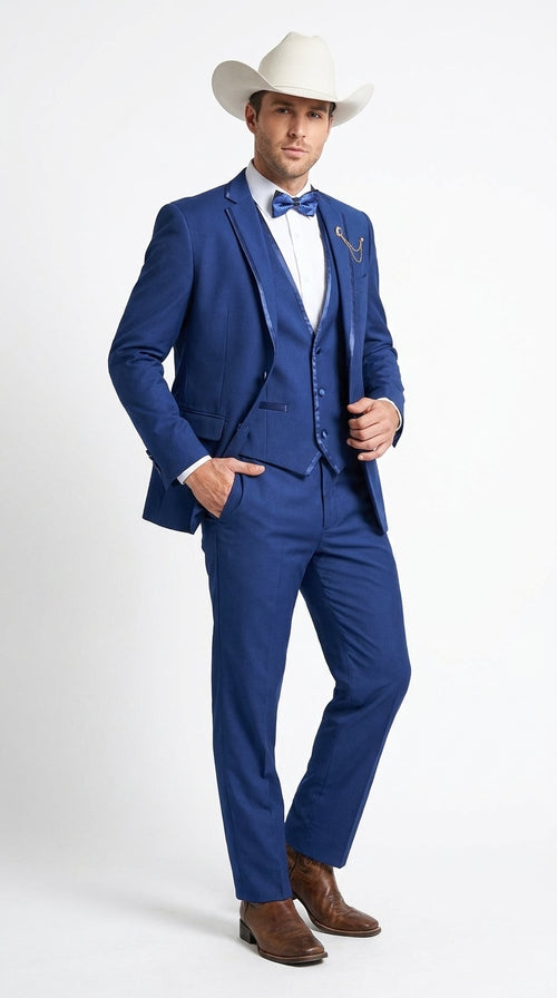 Men’s Blue Western Tuxedo Suit, 3 Piece Cowboy Formal Wedding Prom Suit with Satin Trim