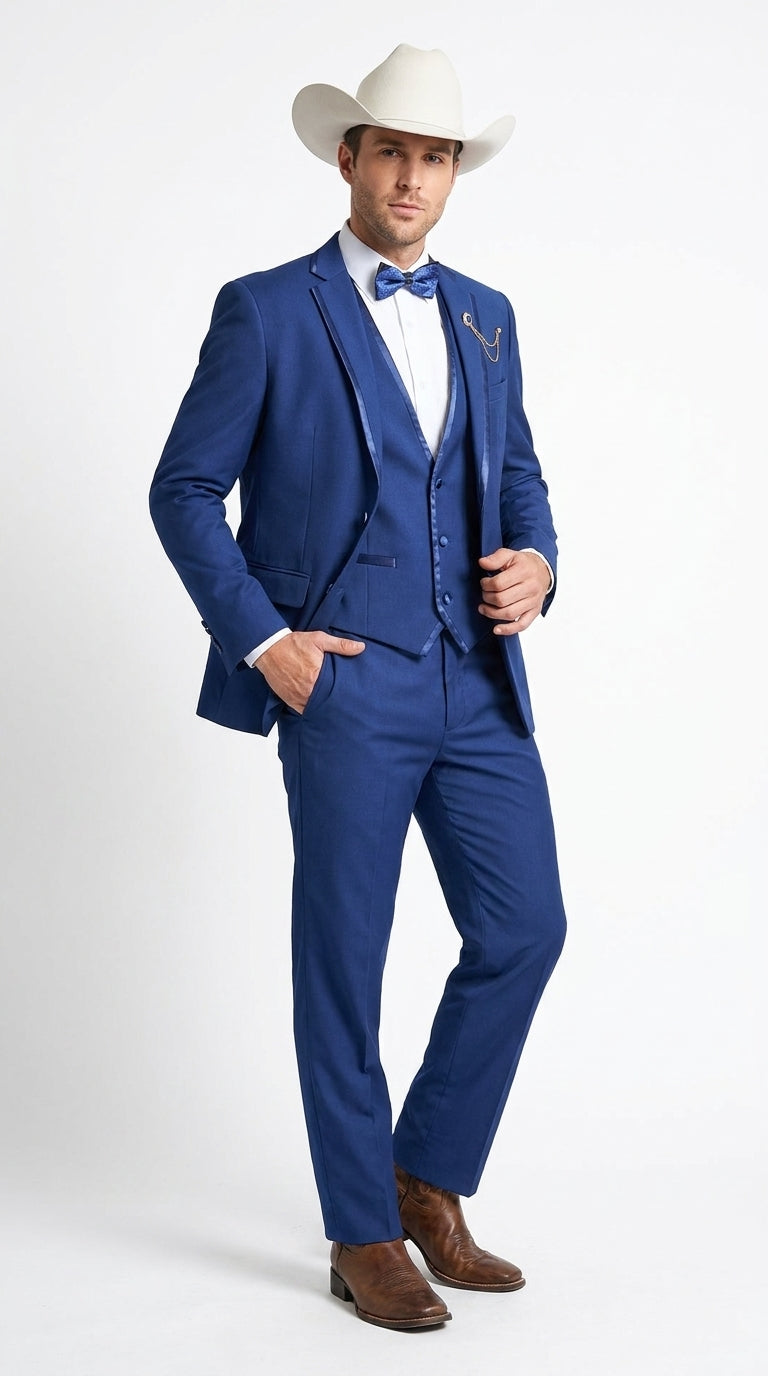 Men’s Blue Western Tuxedo Suit, 3 Piece Cowboy Formal Wedding Prom Suit with Satin Trim