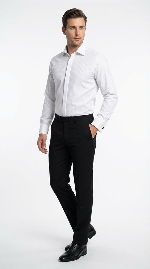 Mens White Herringbone Shadow and Tone on Tone Dress Shirt – Classic Formal Wedding