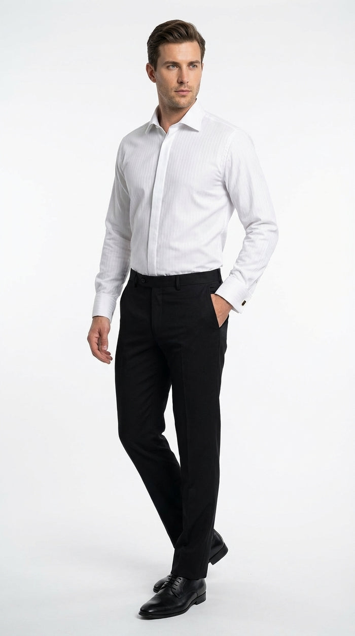 Mens White Herringbone Shadow and Tone on Tone Dress Shirt – Classic Formal Wedding