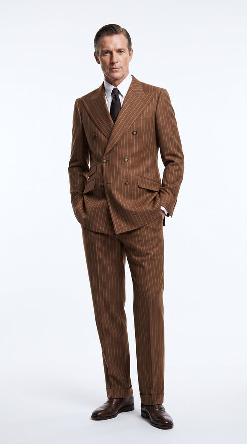 Men’s Vintage Brown Pinstripe Double-Breasted Suit – Classic 1920s Gatsby and 1930s 1940s 1950s Suit