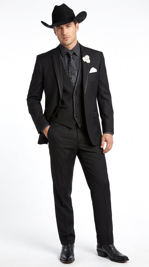 Men’s Black Western Tuxedo Suit, 3 Piece Cowboy Formal Wedding Prom Suit with Satin Trim