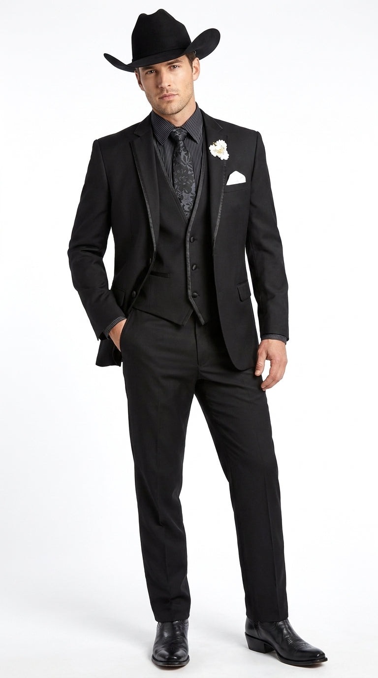 Men’s Black Western Tuxedo Suit, 3 Piece Cowboy Formal Wedding Prom Suit with Satin Trim - 34 Short or Extra Small