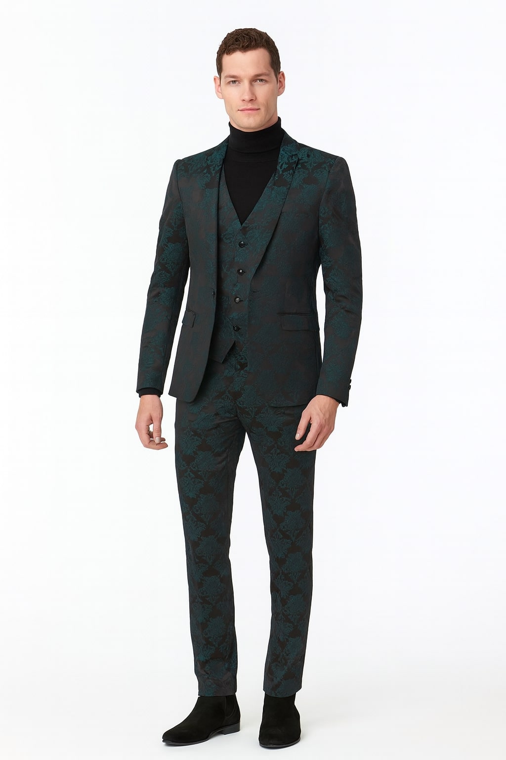 Mens Emerald Green Floral Jacquard 3-Piece Tuxedo Suits Slim Fit Formal Set with Blazer, Vest, and Pants Paisley Fabric - Ultra slim fitted