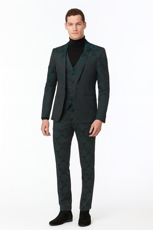 Men’s Emerald Green Floral Jacquard 3-Piece Tuxedo Suits – Slim Fit Formal Set with Blazer, Vest, and Pants Paisley Fabric - Ultra slim fitted