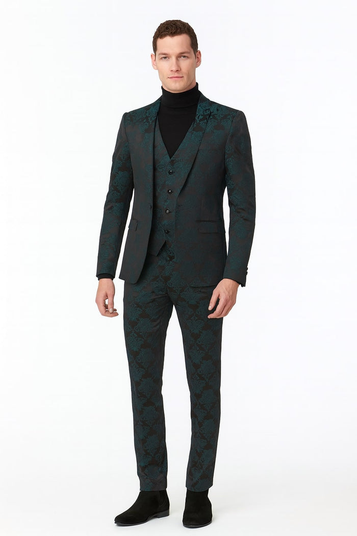 Mens Emerald Green Floral Jacquard 3-Piece Tuxedo Suit Slim Fit Formal Set with Blazer, Vest, and Pants Paisley Fabric - Ultra slim fitted