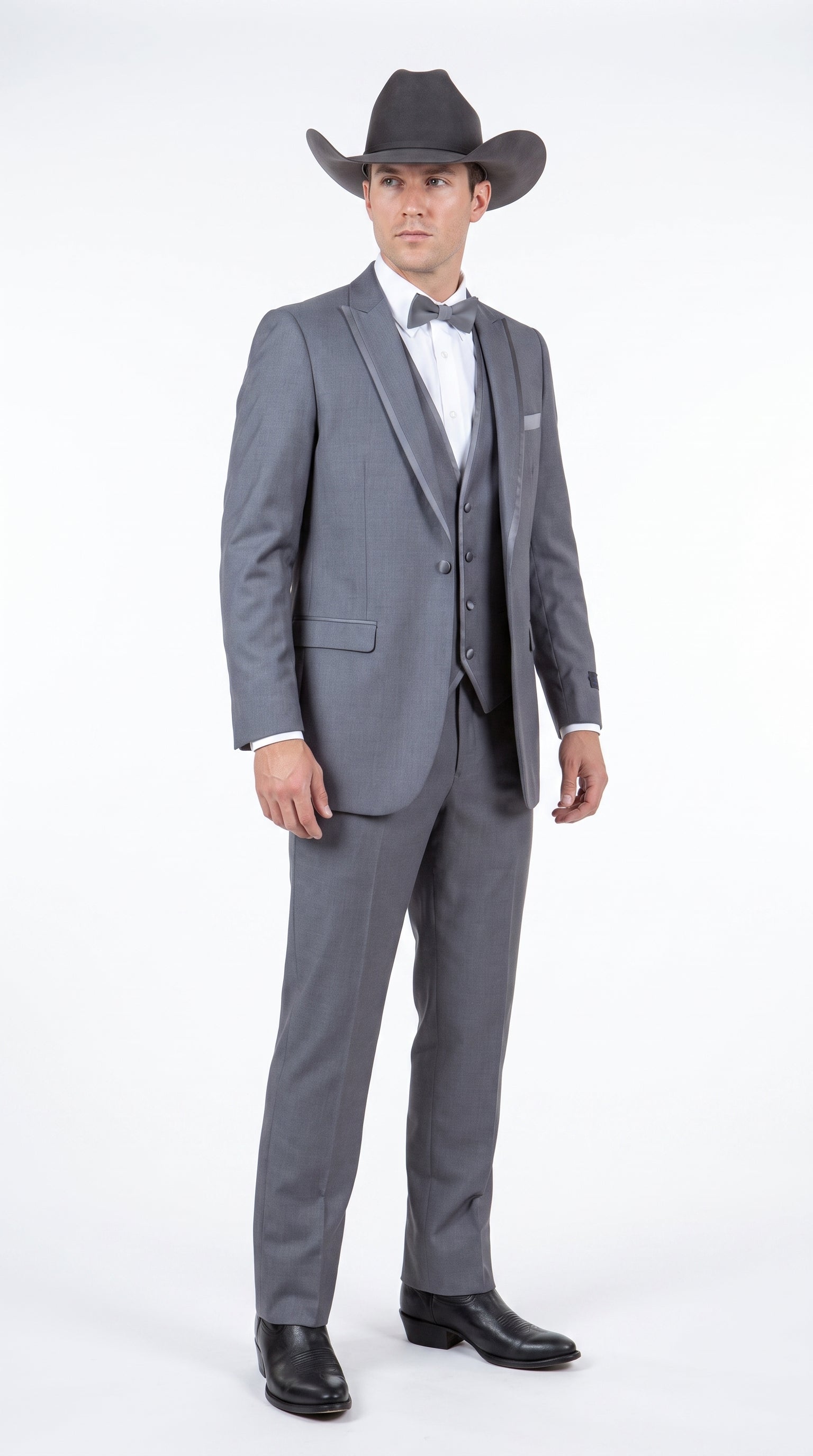 Men's Medium Grey Western 3-Piece Tuxedo Suit with Vest – Cowboy Style Formal Country Outfit - 34 Short or Extra Small