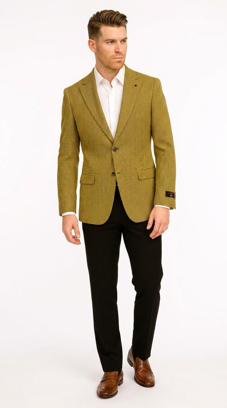 Men’s Mustard Gold Yellow Houndstooth Blazer Jacket, Check Pattern Formal Sport Coat for Weddings, Prom, Business 2 Buttons Modern Fit - 36 Short