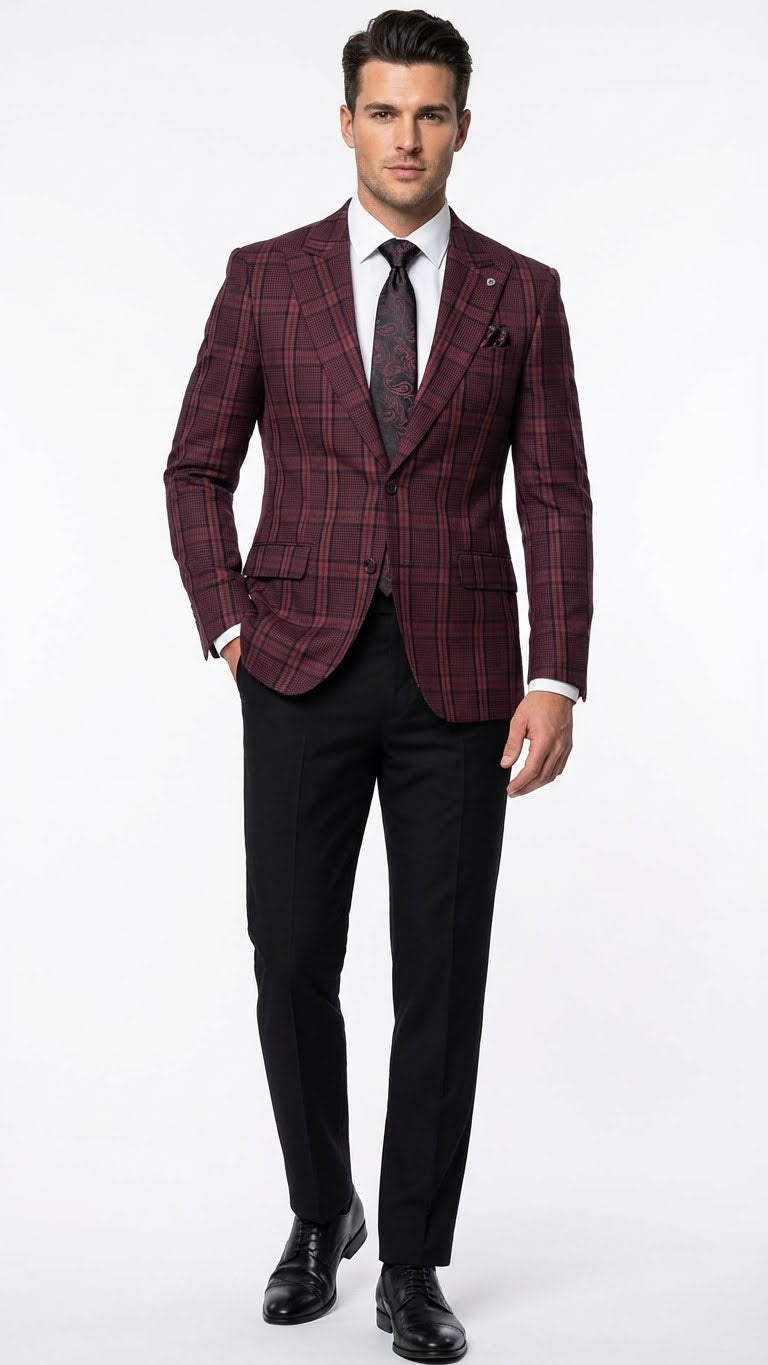 Menâ€™s Burgundy Check Blazer â€“ Windowpane Plaid blazer in Maroon Wine Color - 36 Short