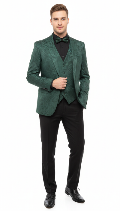 Mens Emerald Green Paisley Tuxedo 3-Piece Suit Slim Fit Formal Blazer, Vest, and Pants for Weddings, Proms