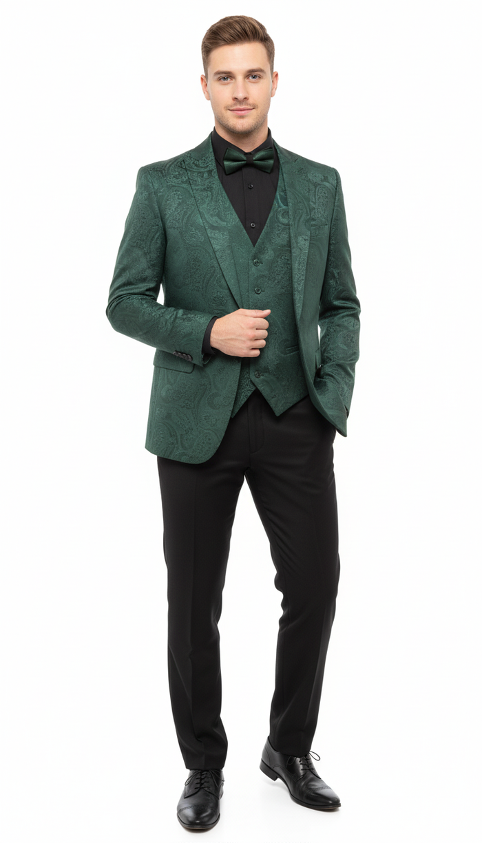 Mens Emerald Green Paisley Tuxedo 3-Piece Suit Slim Fit Formal Blazer, Vest, and Pants for Weddings, Proms