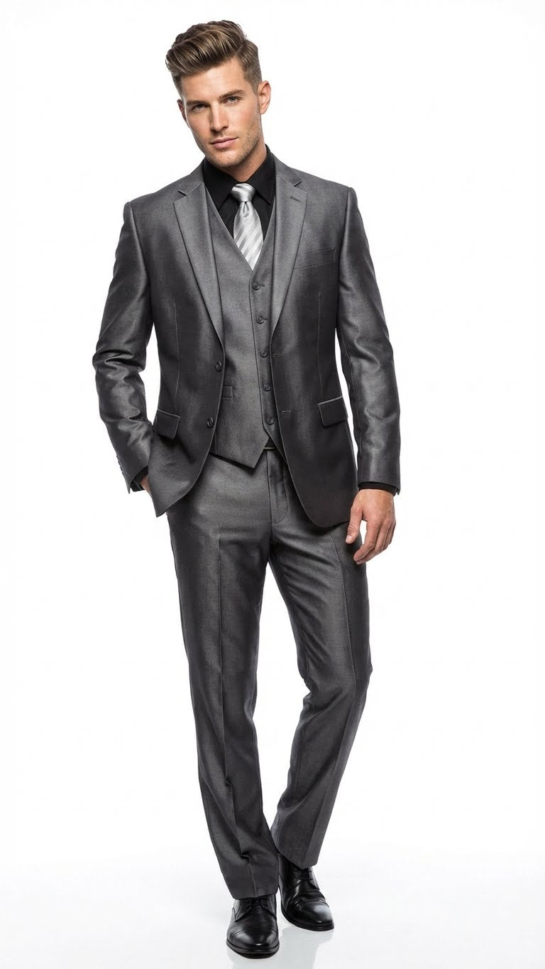 Mens Charcoal Gray Suit With Sheen -  | Shiny Texture Fabric Three Piece Wedding and Party Business - 34 Short or Extra Small