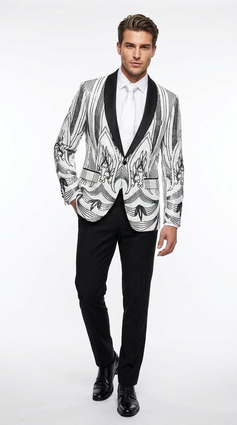 Men’s White and Black Patterned Tuxedo Blazer – Luxury Designer Dinner Jacket for Wedding, Prom and Formal Events New Year Christmas Holiday - 36 Short