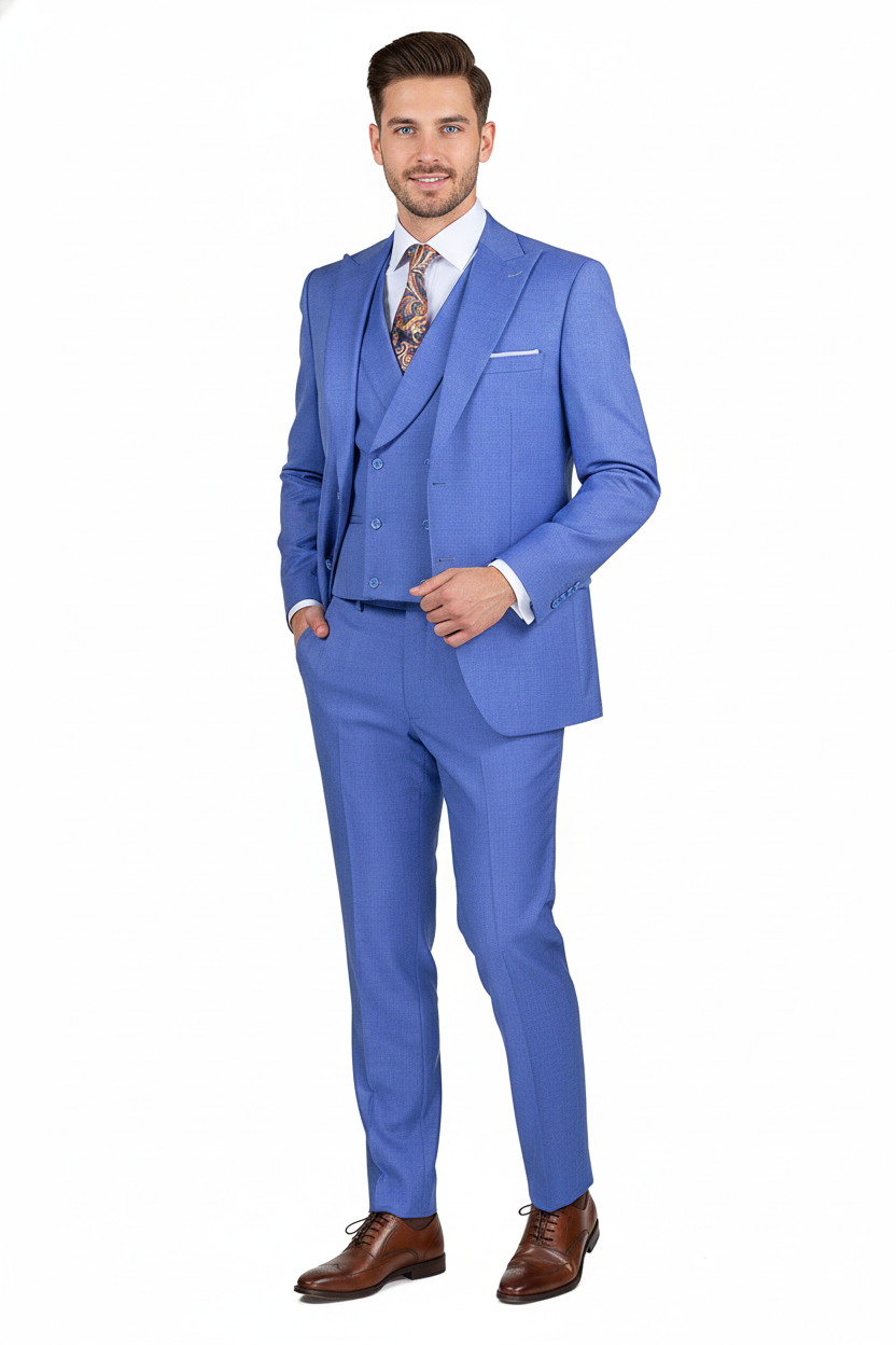 Men’s Light Blue Double-Breasted 3-Piece Suit Set – Tailored Fit Formal Business Suit in Steel Blue Sky Blue Color - 34 Short or Extra Small