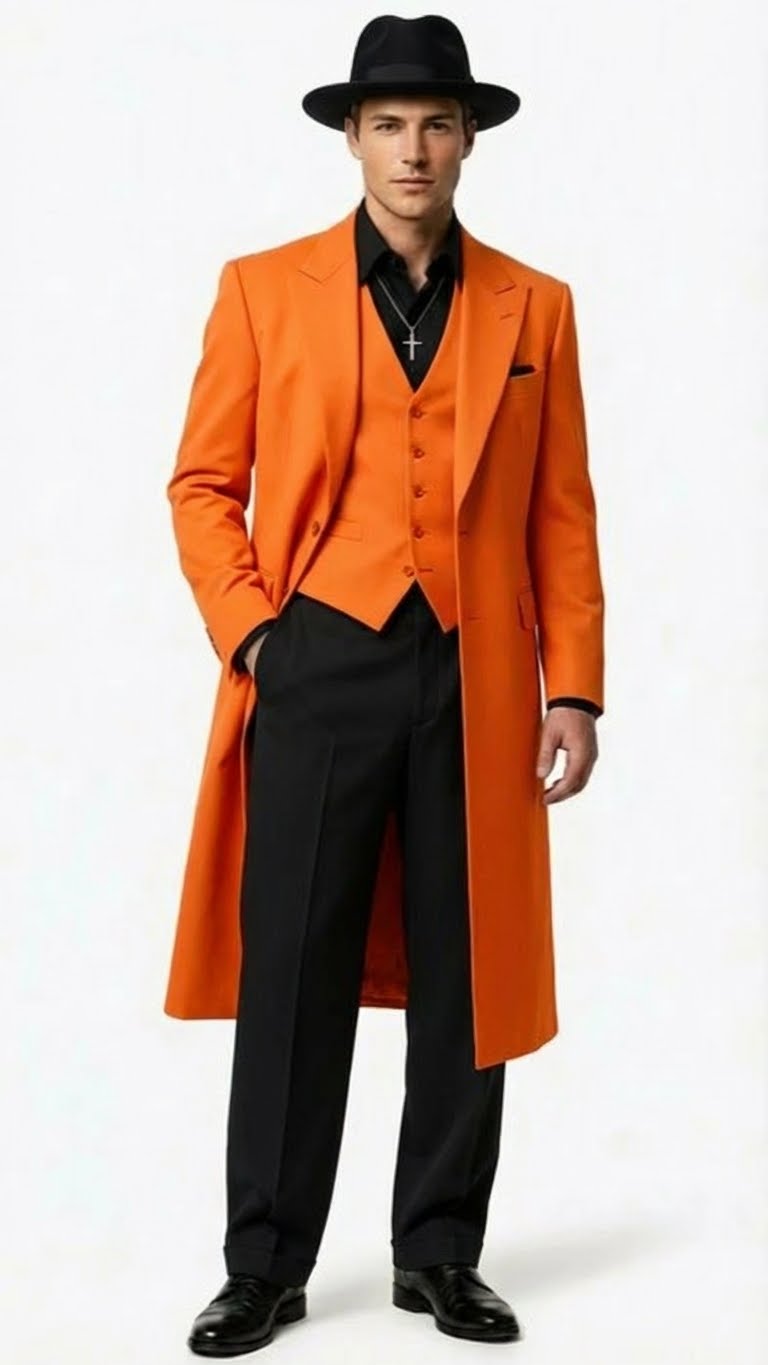 Men’s halloween Costume Orange Long Zoot Suit Set With Black Shirt and Black Pants included - 34 Short or Extra Small