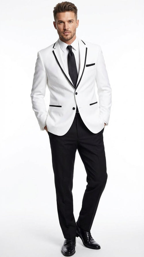 Mens White Blazer with Black Trim | Wedding and Party Formal Blazer Jacket - White Tuxedo Prom Jacket