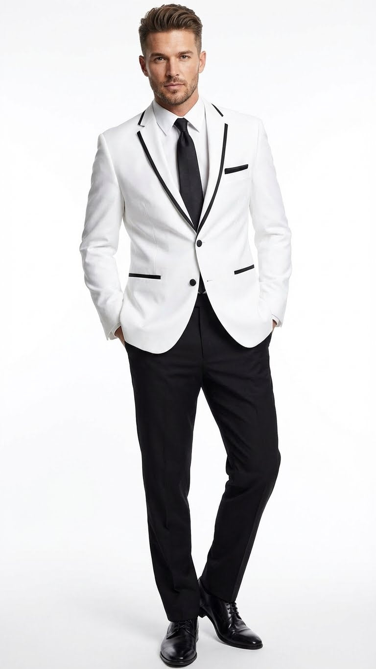 Men’s White Blazer with Black Trim | Wedding and Party Formal Blazer Jacket - White Tuxedo Prom Jacket - 36 Short