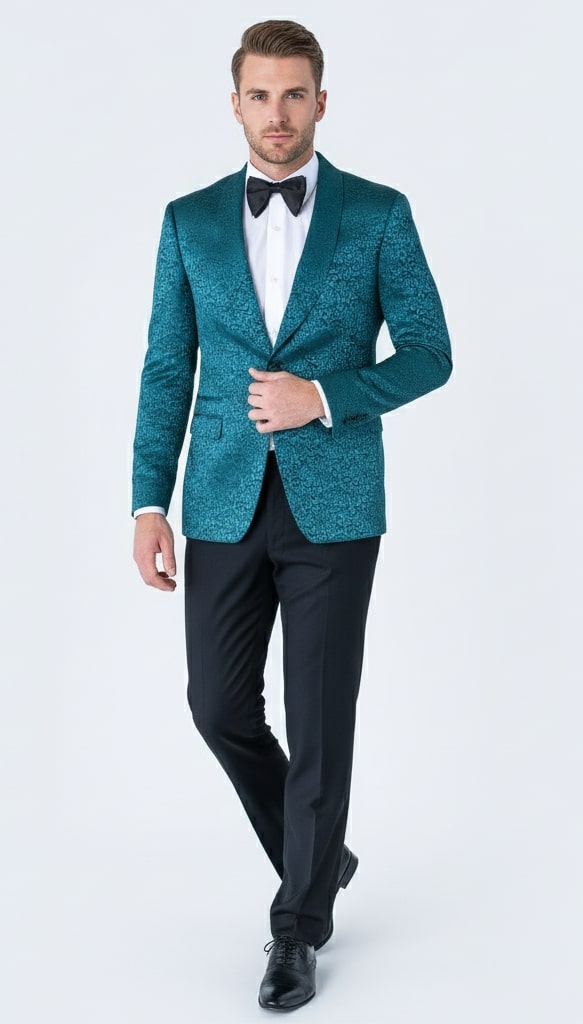 Mens Teal Blue Paisley Tuxedo Jacket Elegant Shawl Lapel Dinner Blazer for Weddings, Prom and Formal Events - Greenish Blue