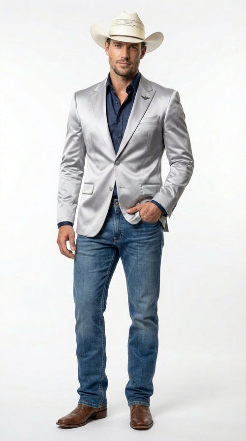 Mens Shiny Silver Cowboy Blazer Western Style Satin Finish Blazer for Party, Country Events and Evening Wear