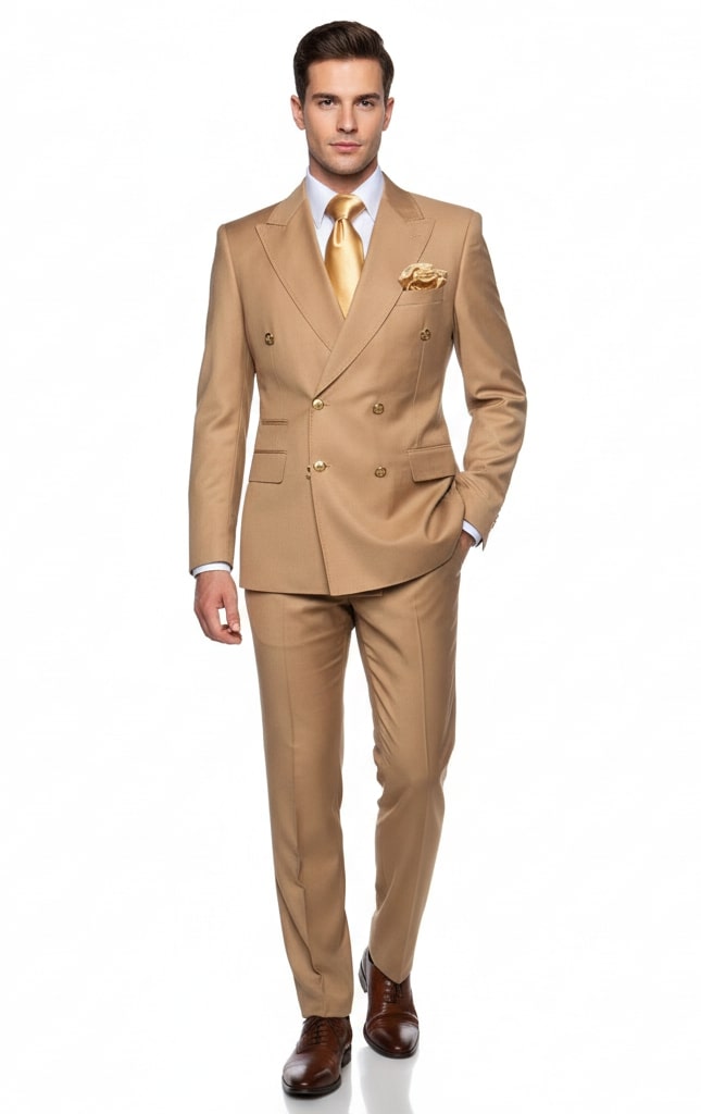 Mens Camel - Bronze - Goldish khaki Double-Breasted Suit Luxury 2-Piece Formal Set with Gold Buttons and Peak Lapels by Rossi Man