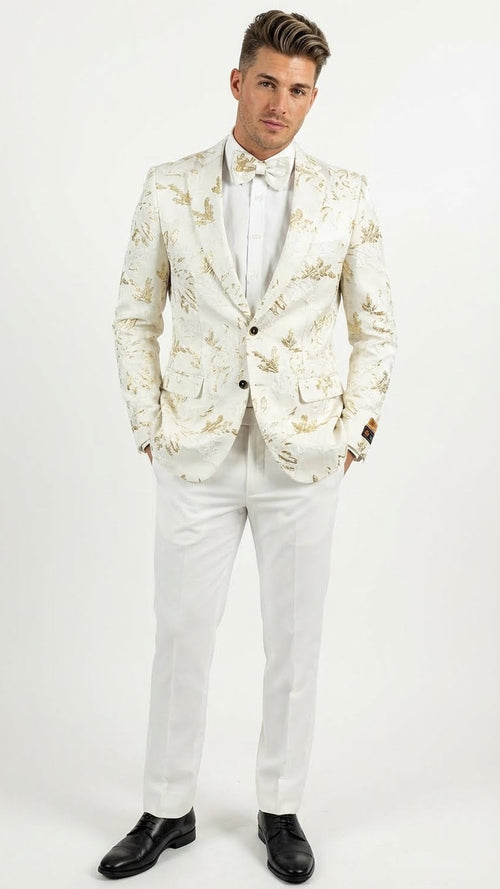 Mens White and Gold Patterned Blazer Paisley Floral Pattern Prom Wedding Suit Tuxedo Dinner Jacket + Bowtie