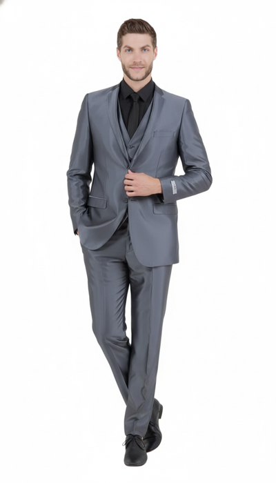 Mens Dark Grey Shiny Two-Piece Suit Slim Fitted Formal Jacket and Tailored Pants - Sateen Metalic in Charcoal Gray Color