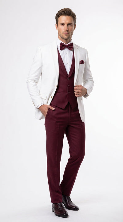 Men’s White and Burgundy 3 Piece Tuxedo Suit, Vested Formal Wedding Prom Dinner Suit Set bowtie included