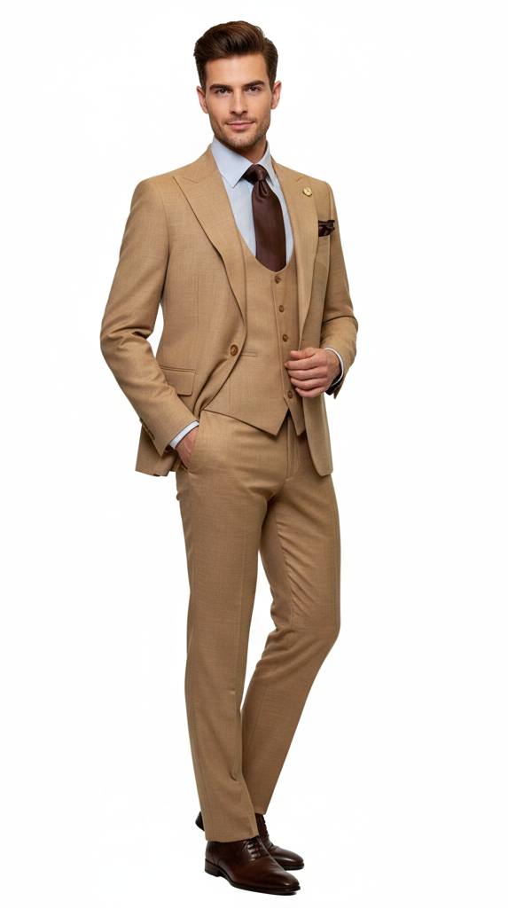 Men's Tan Three-Piece Suit with Vest Classic Tailored Fit  in camel khaki Bronze color By Rossiman