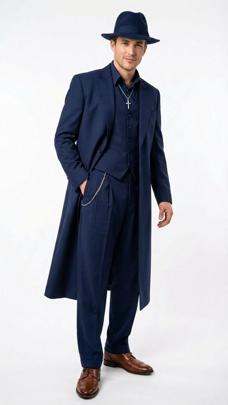 Mens Navy Blue 1920s Zoot Suit Long Mafia Gangster Three-Piece Vintage Costume Set Suit Pachuco Style - 34 Short or Extra Small